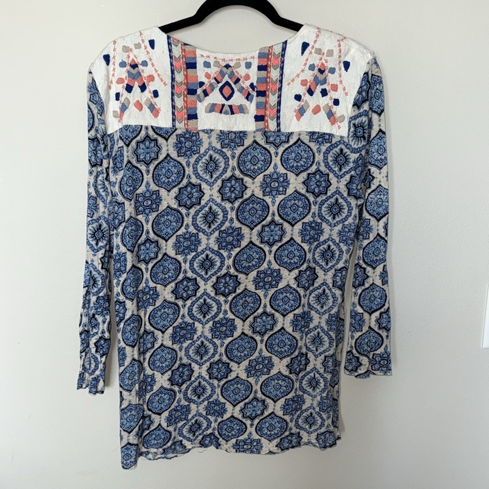 Lucky Brand 3/4 Sleeve Blouse Embroidered Boho Blue Tassle Tunic Women Large EUC - Picture 10 of 11